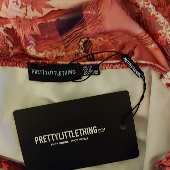 NWT PrettyLittleThing Pink Red Dragon Print Asymmetrical Halter Dress ~sz 8 - Picture 7 of 7
